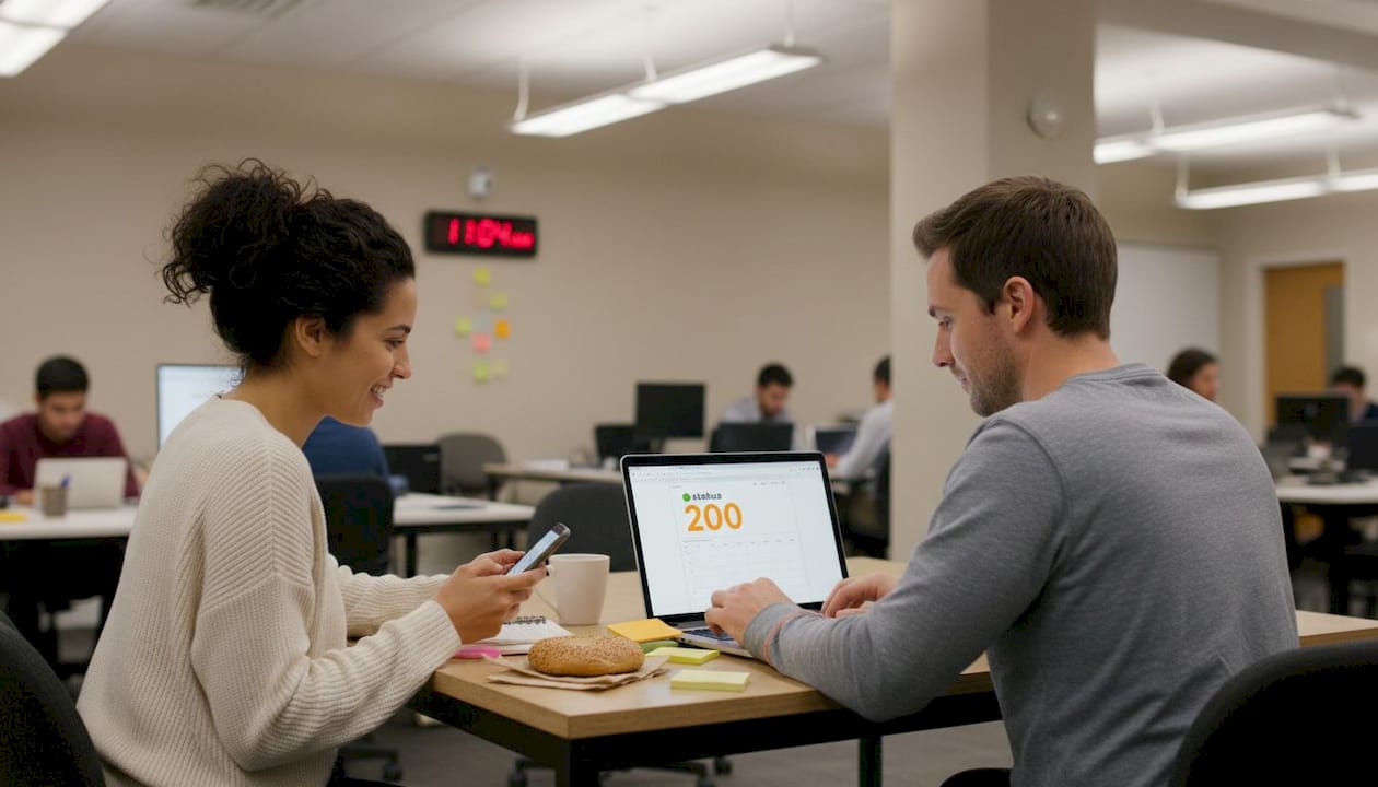 Coworkers schedule content at office table