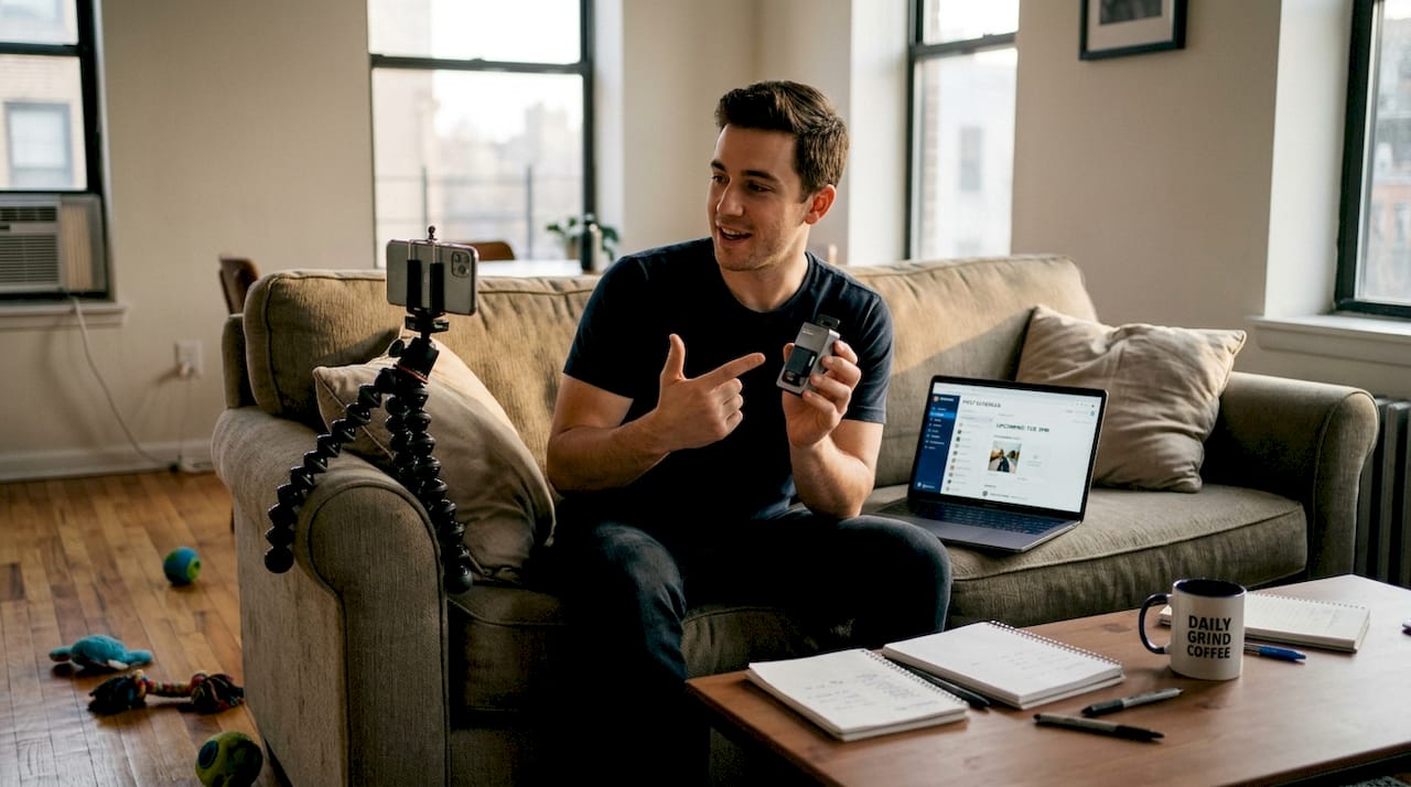 Content creator filming product video at home