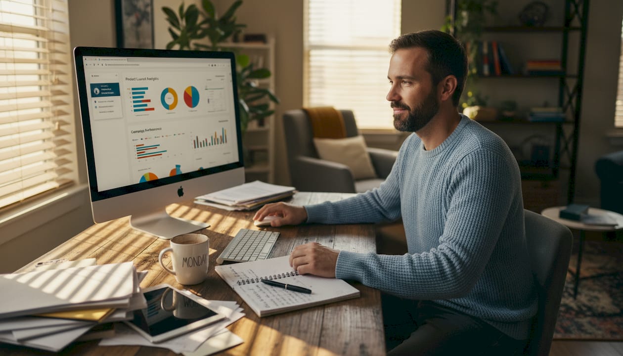 E-commerce manager checks campaign data at desk