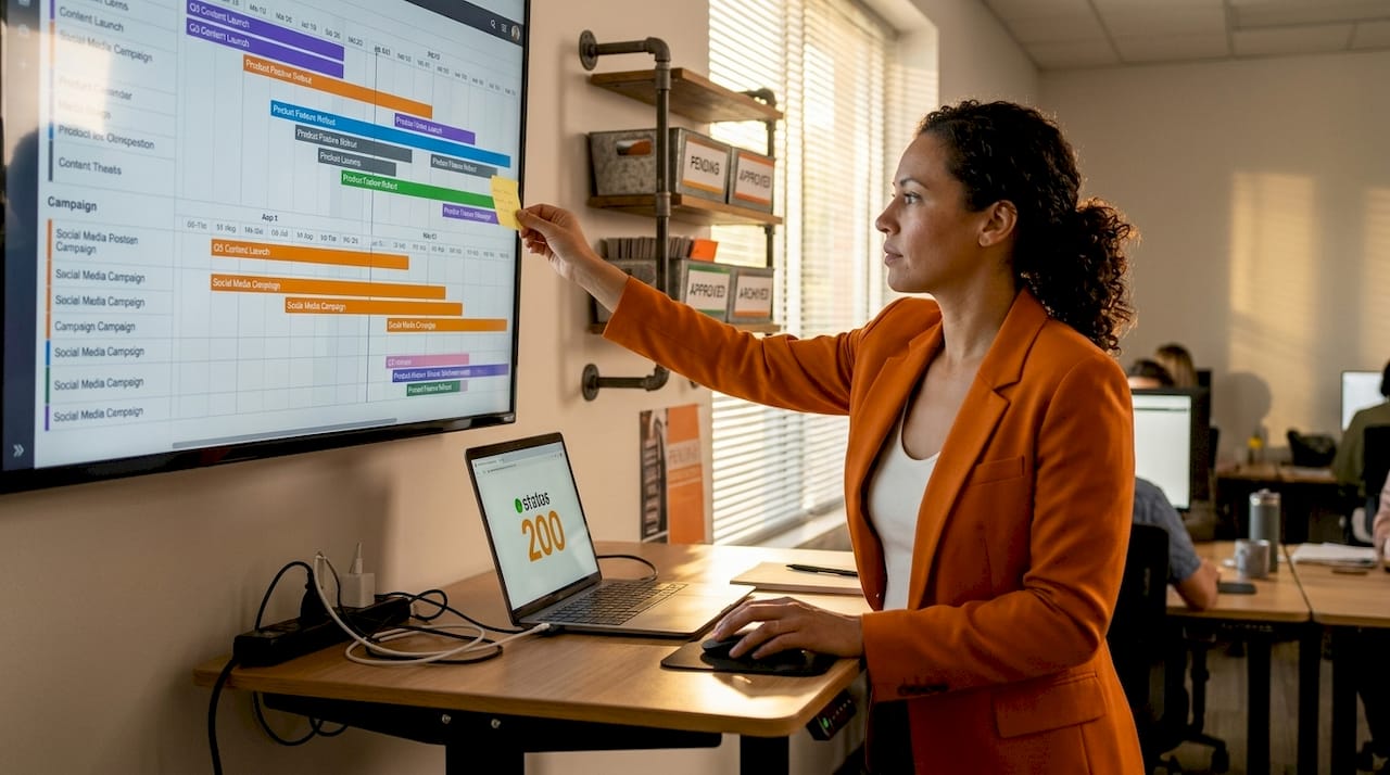 Manager updating editorial content calendar on screen