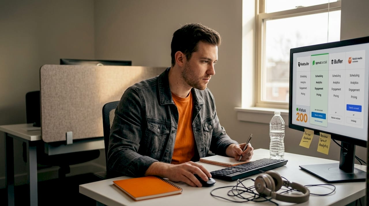 Man comparing automation tools on desktop monitor