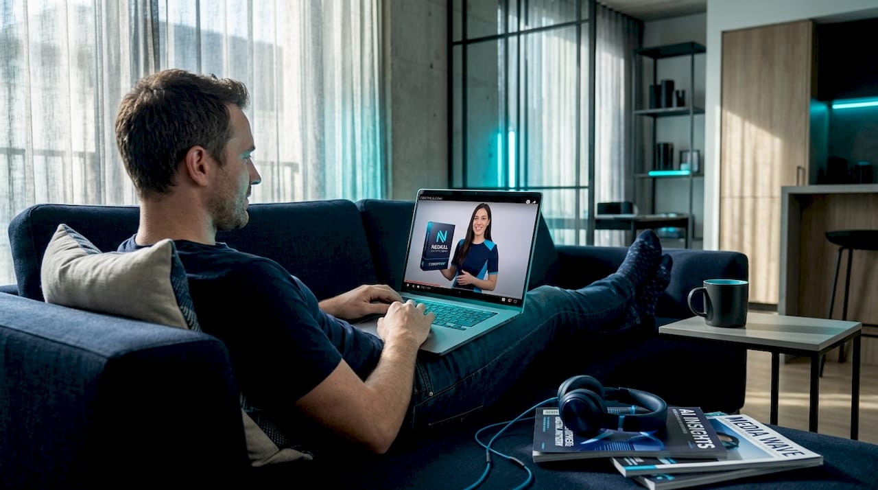 Customer watching product demo video at home