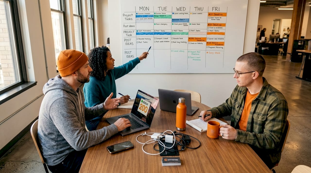 Team collaborating on weekly social media calendar