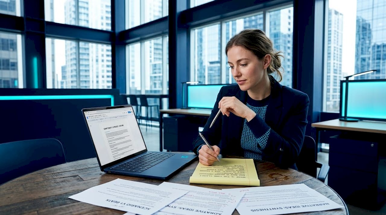 Copywriter brainstorming sales video script ideas