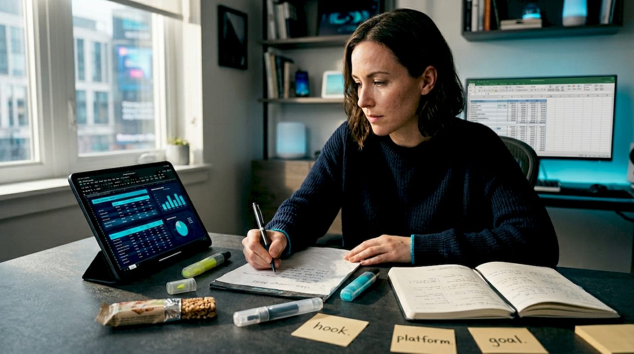 Woman preparing video marketing brief at desk