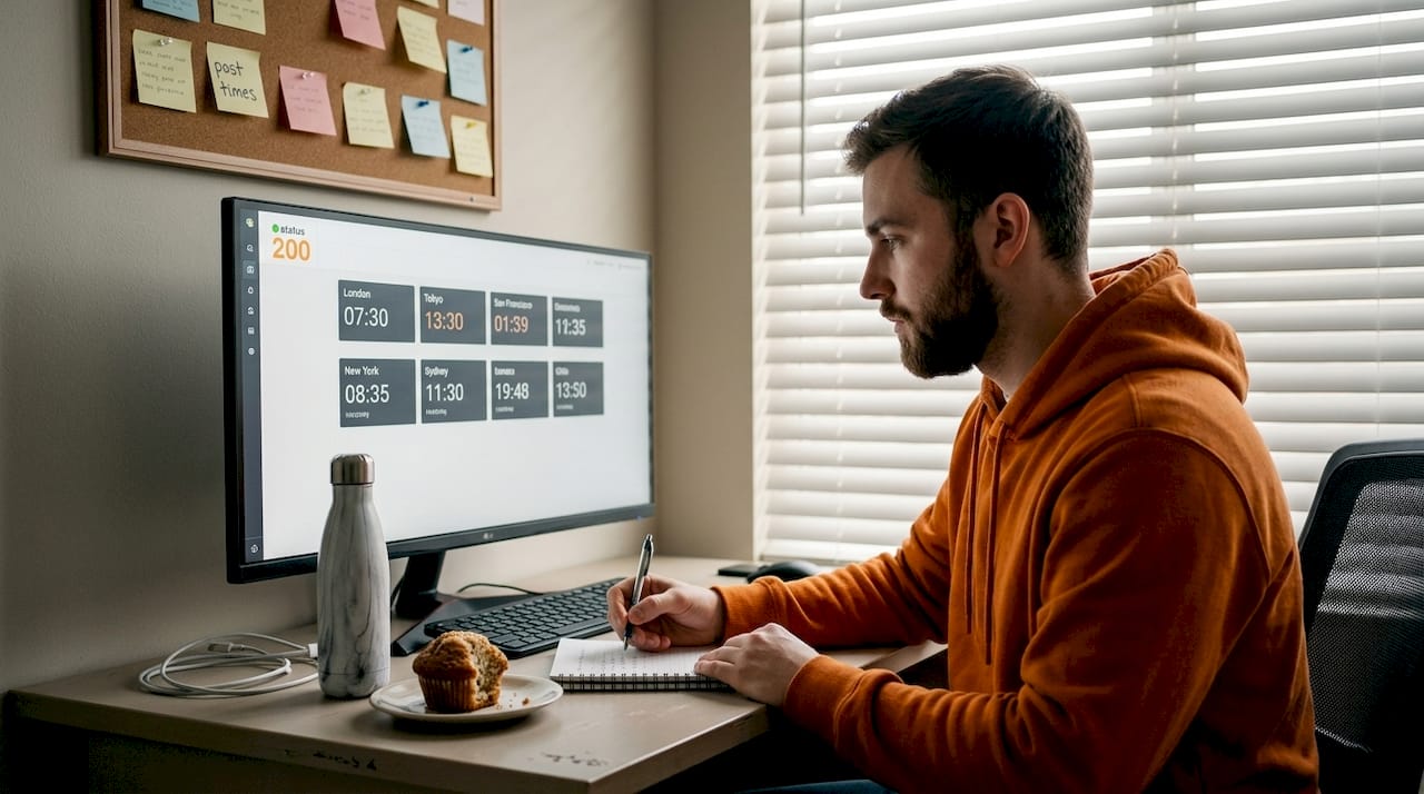 Man tracking time zones for social media posts