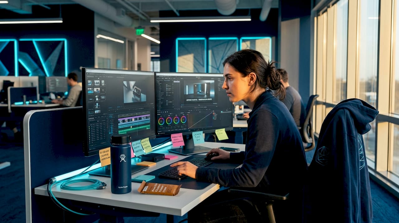 Marketer editing business video at workstation