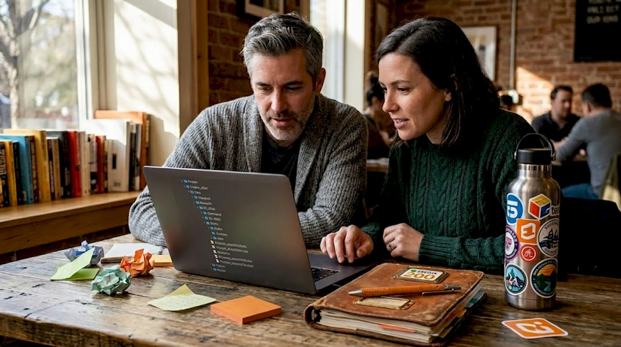 Two coworkers review complex file system together
