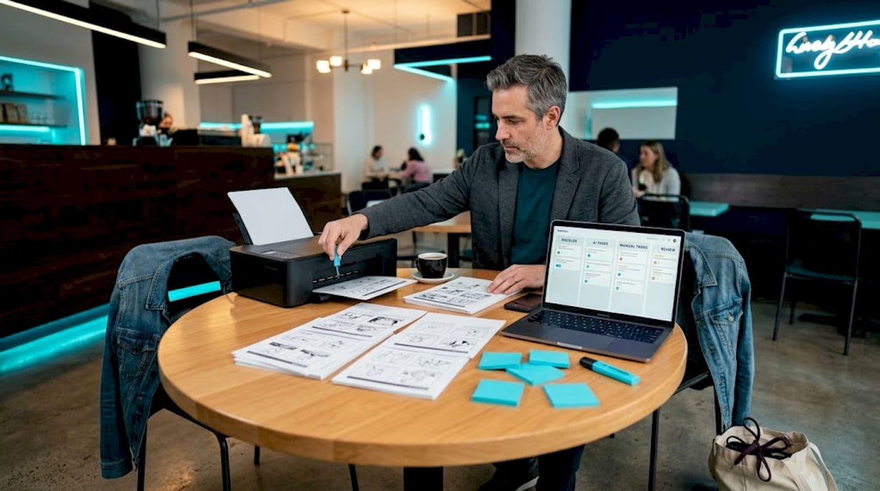 Man preparing AI video workflow at agency table
