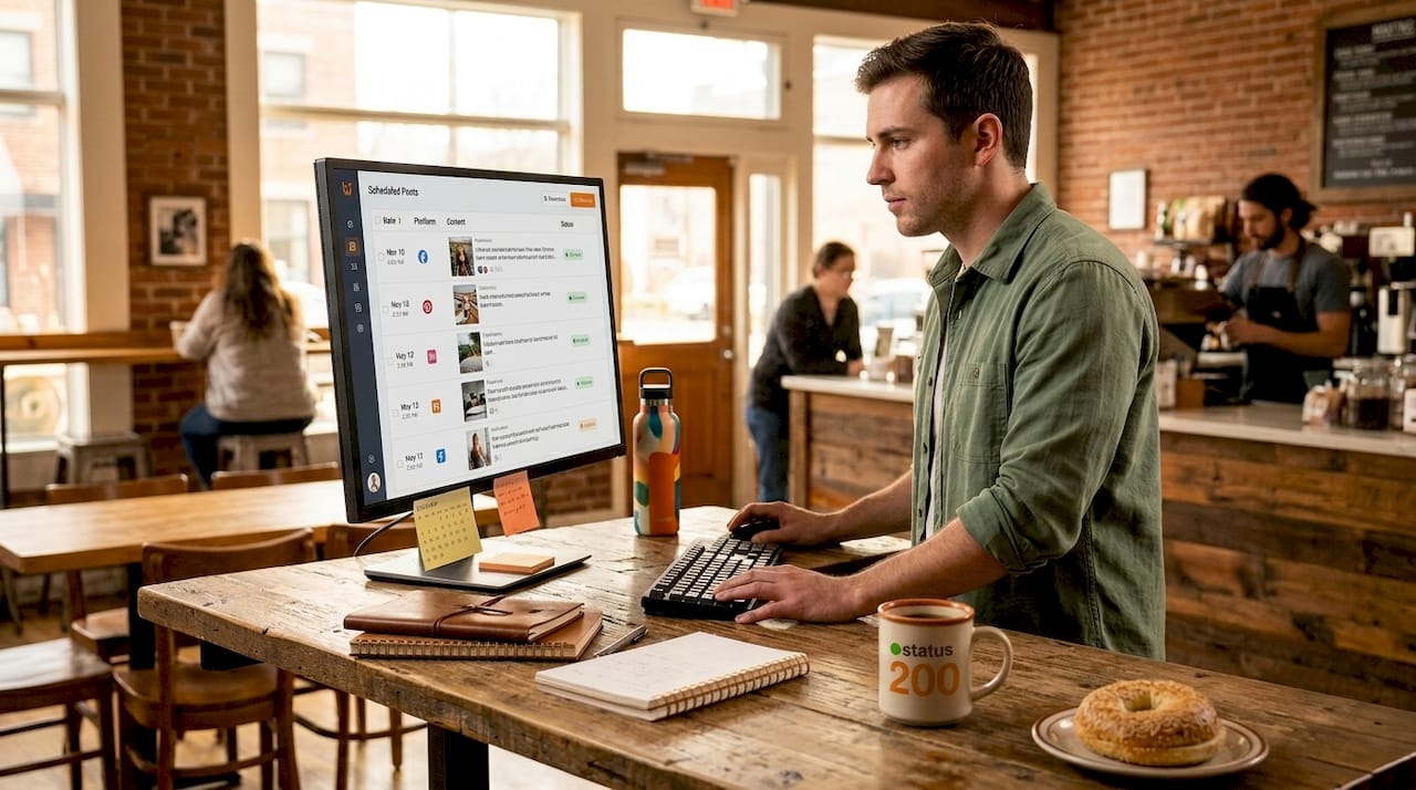 Person checking scheduled posts at a standing desk