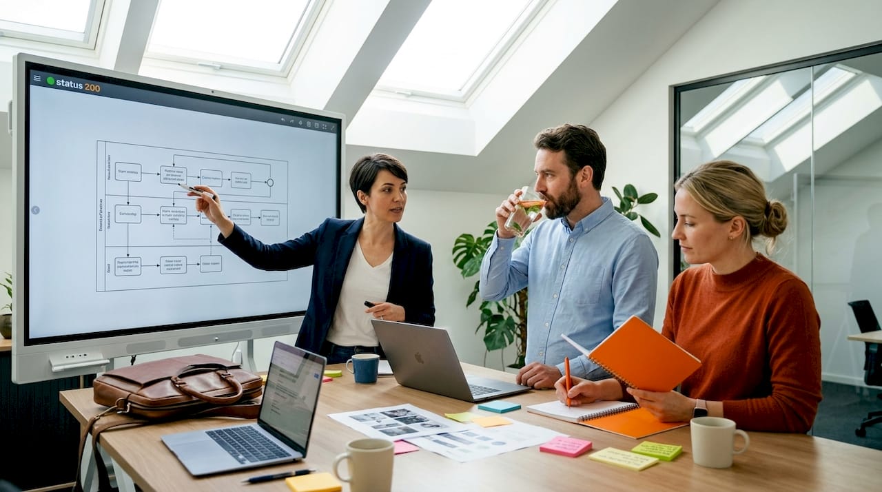 Team collaborating on media workflow process