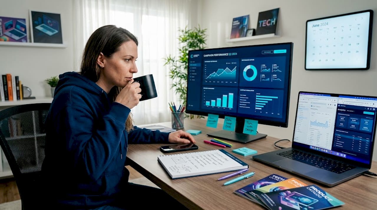 Marketer reviews AI video analytics at desk