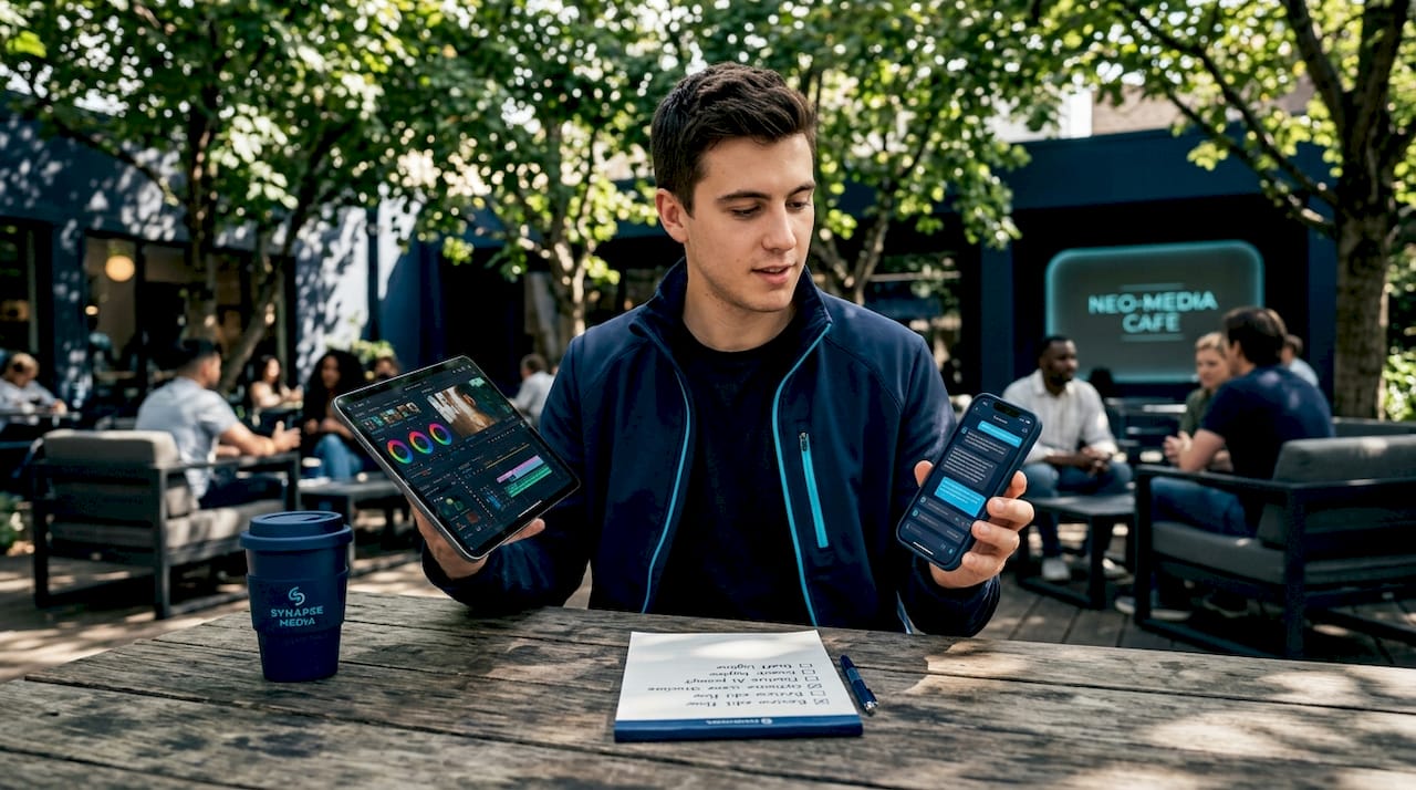 Entrepreneur testing AI video tools on devices