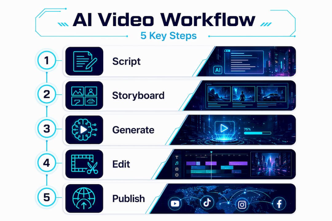 Infographic showing five key AI video workflow steps