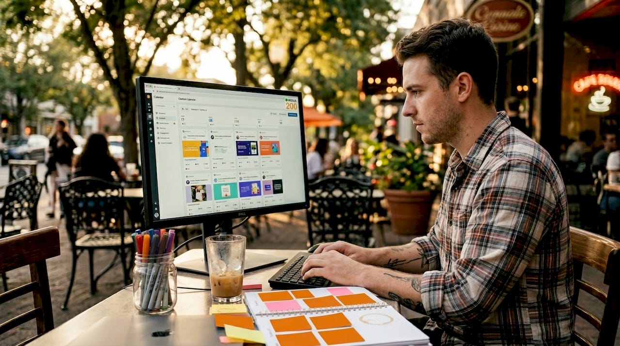 Marketer updating social media calendar at workspace