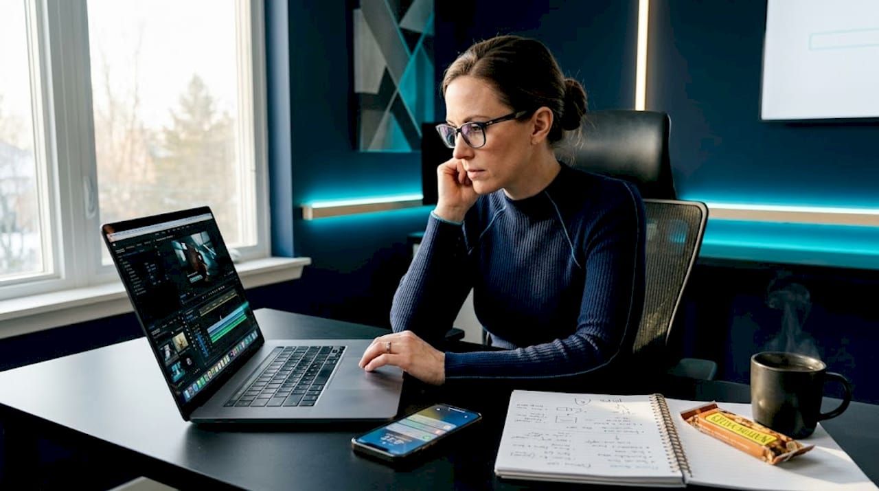 Manager editing video template at kitchen table