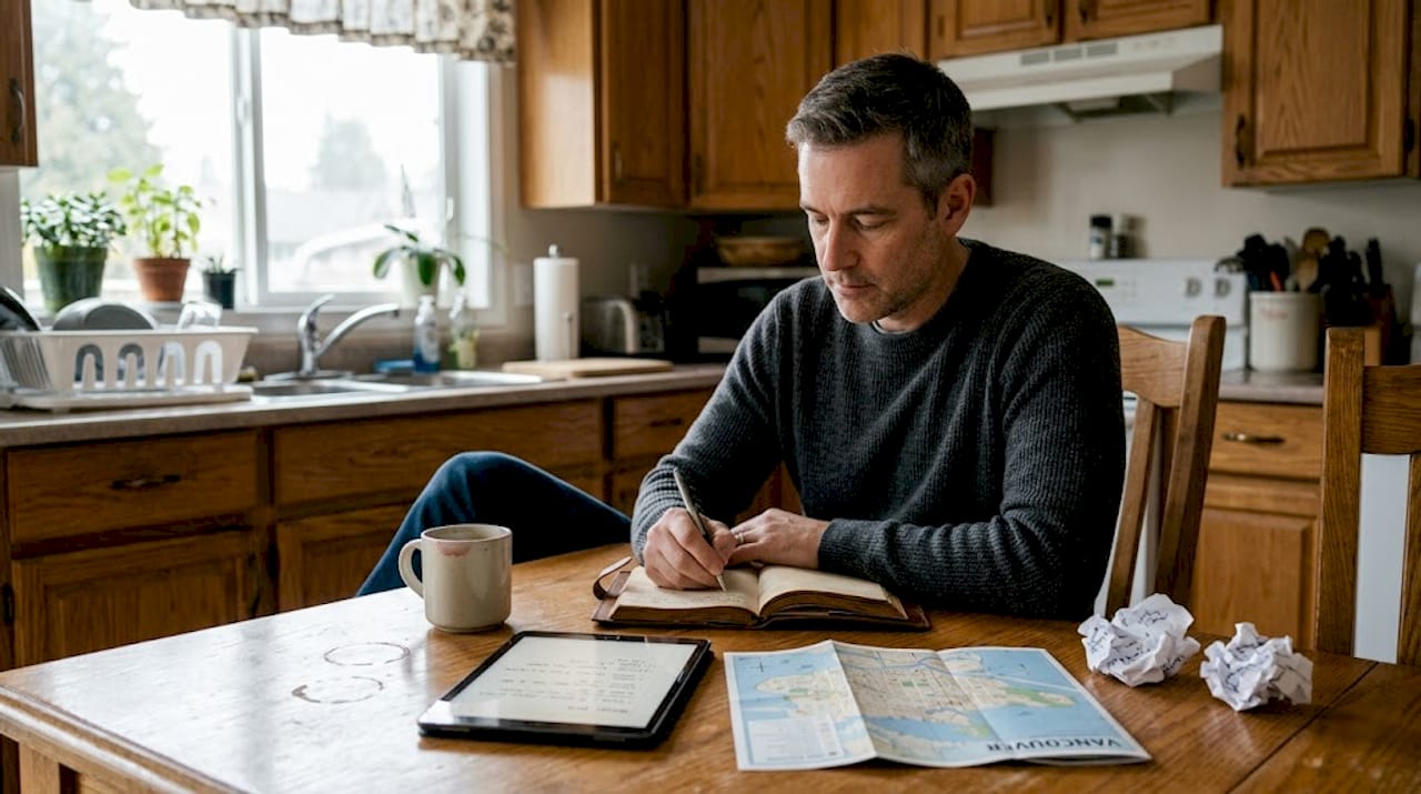 Man writing out travel intentions at home table