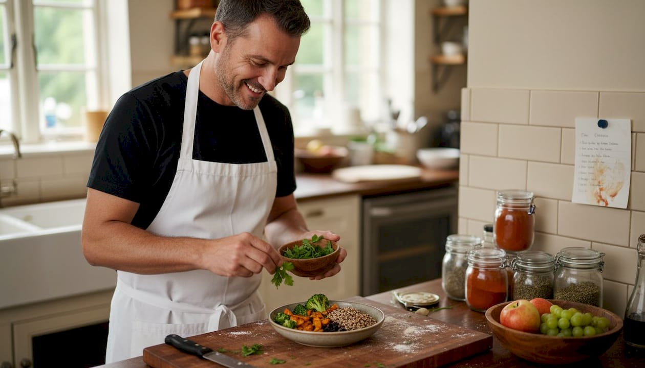 Chef preparing healthy meal in home kitchen