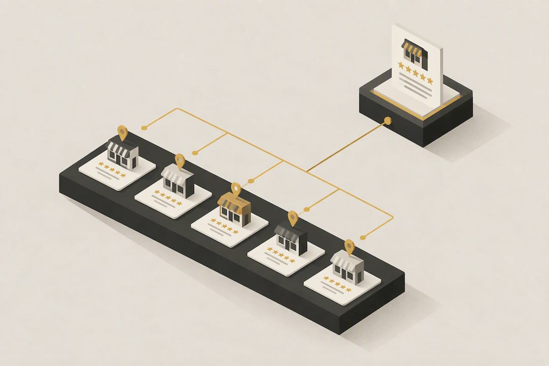 Isometric multi-location review management illustration