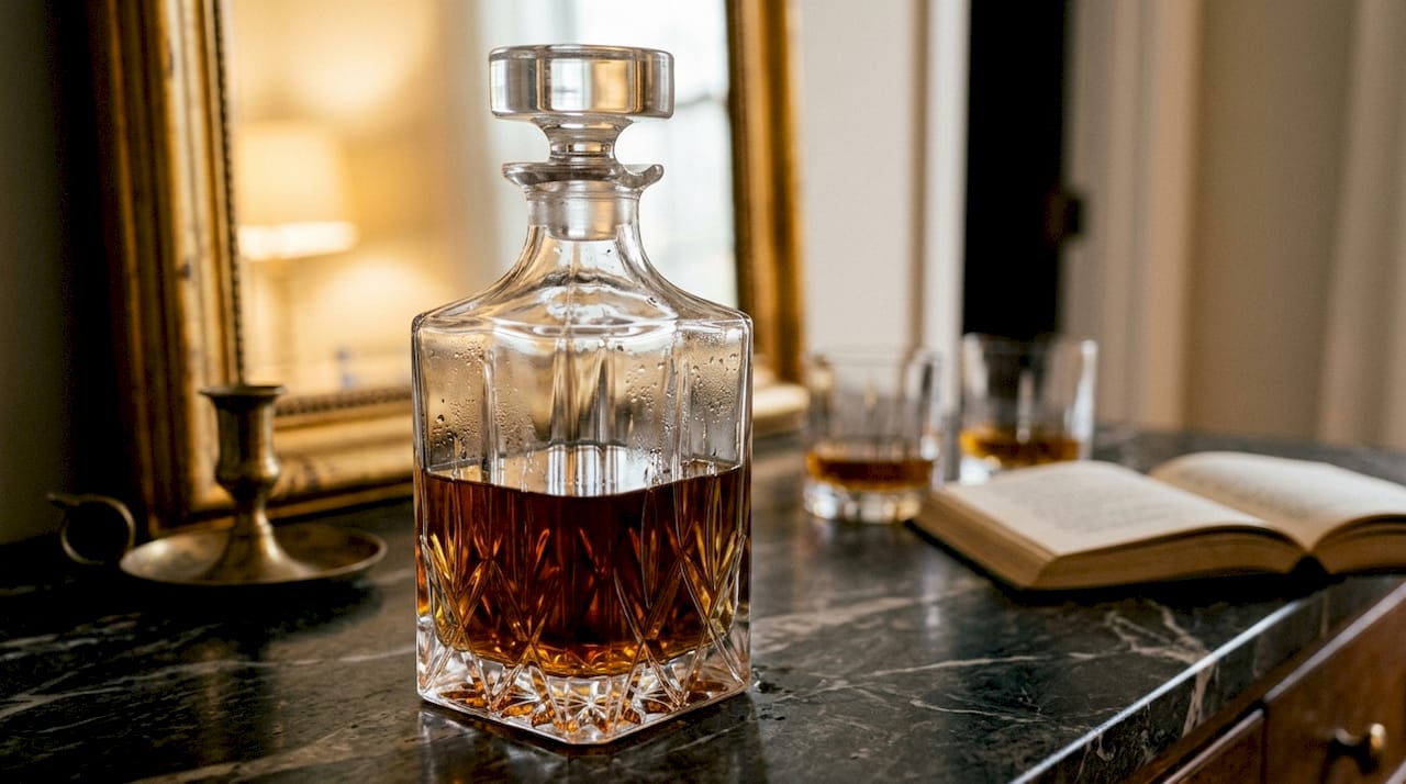 Crystal decanter with whiskey on marble
