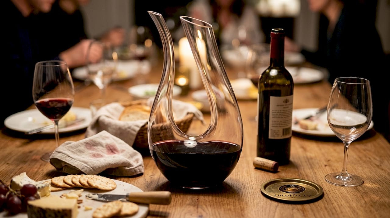 Swan-shaped wine decanter on dinner table