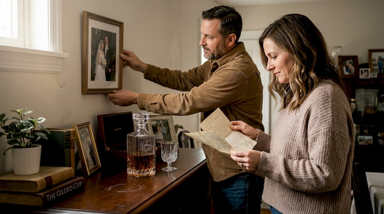 Couple admiring bespoke glass decanter at home