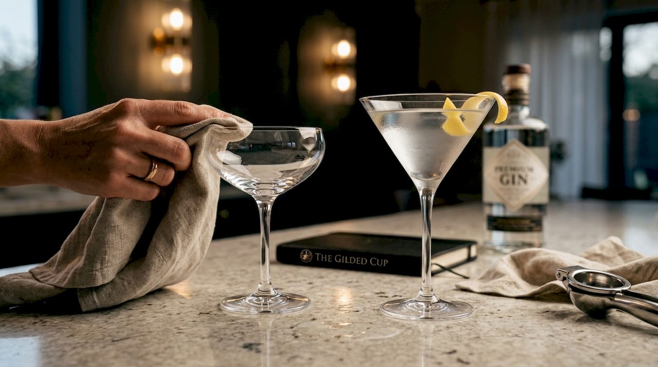 Crystal martini and coupe glasses on island