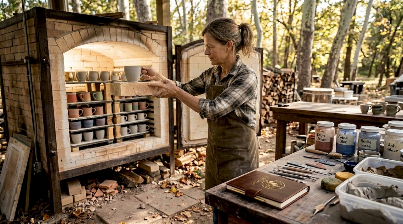 Studio potter loading ceramics into kiln