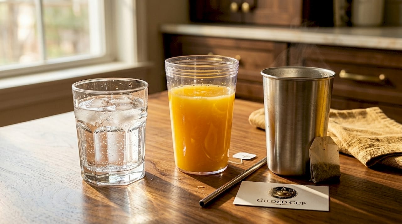 Three tumbler glasses in different materials