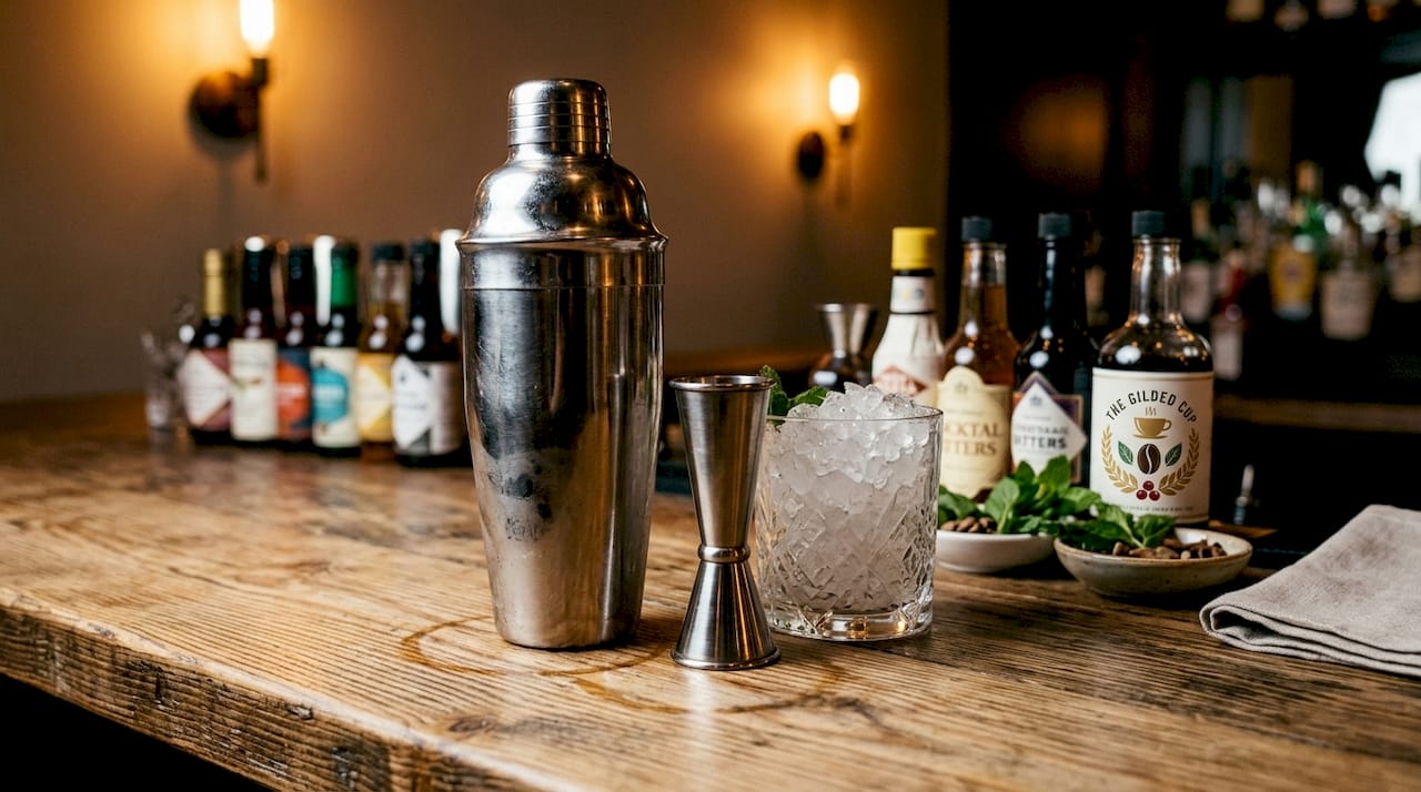 Matched shaker and jigger set in use