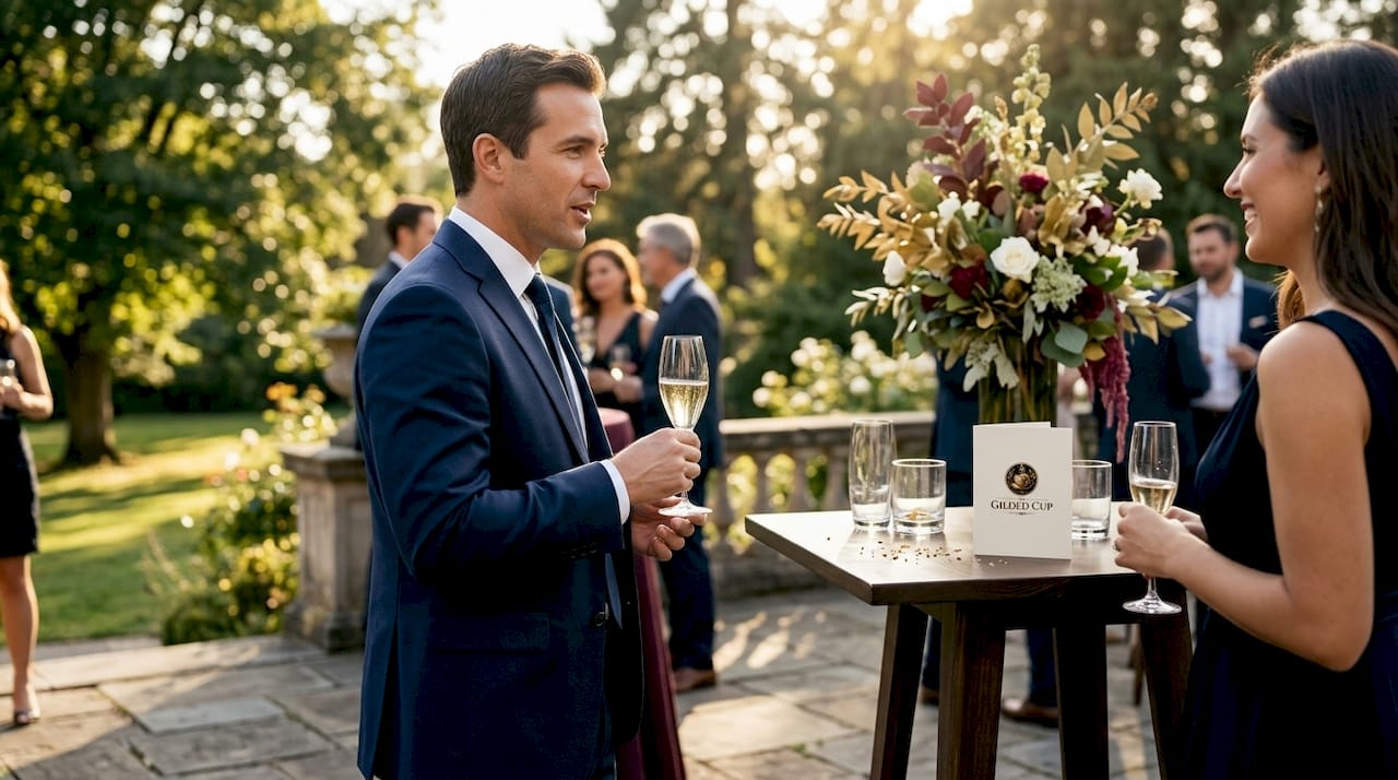 Guest holds champagne glass by stem elegantly
