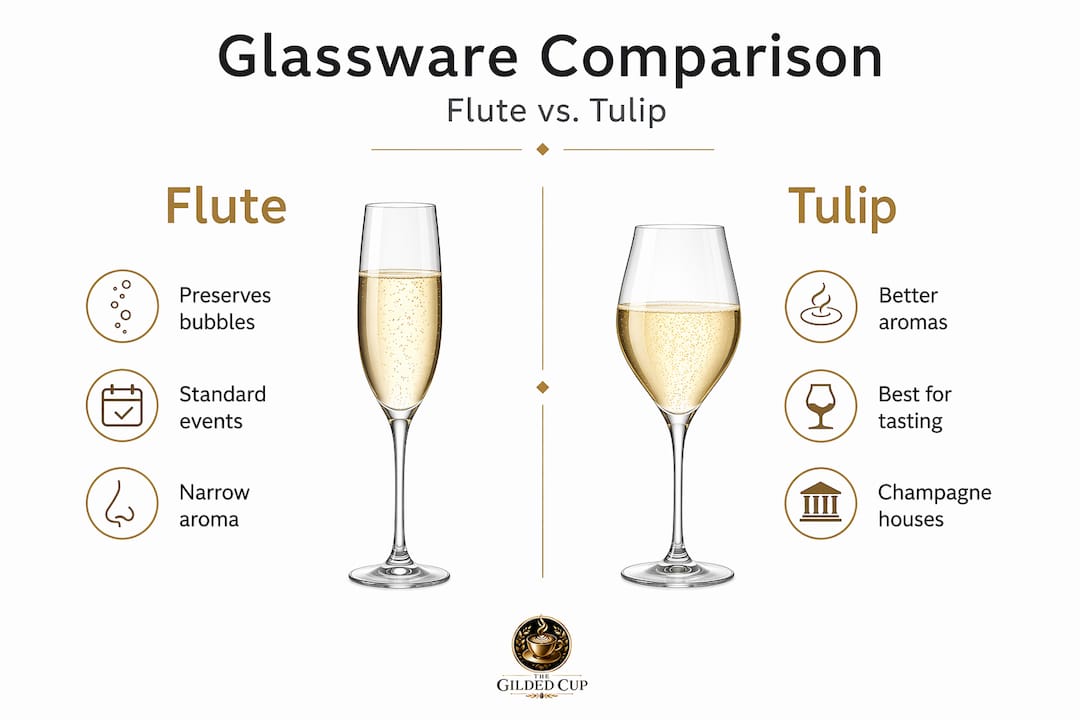 Infographic comparing flute and tulip champagne glasses