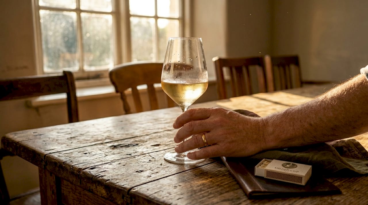 Close-up hand holding stemmed wine glass