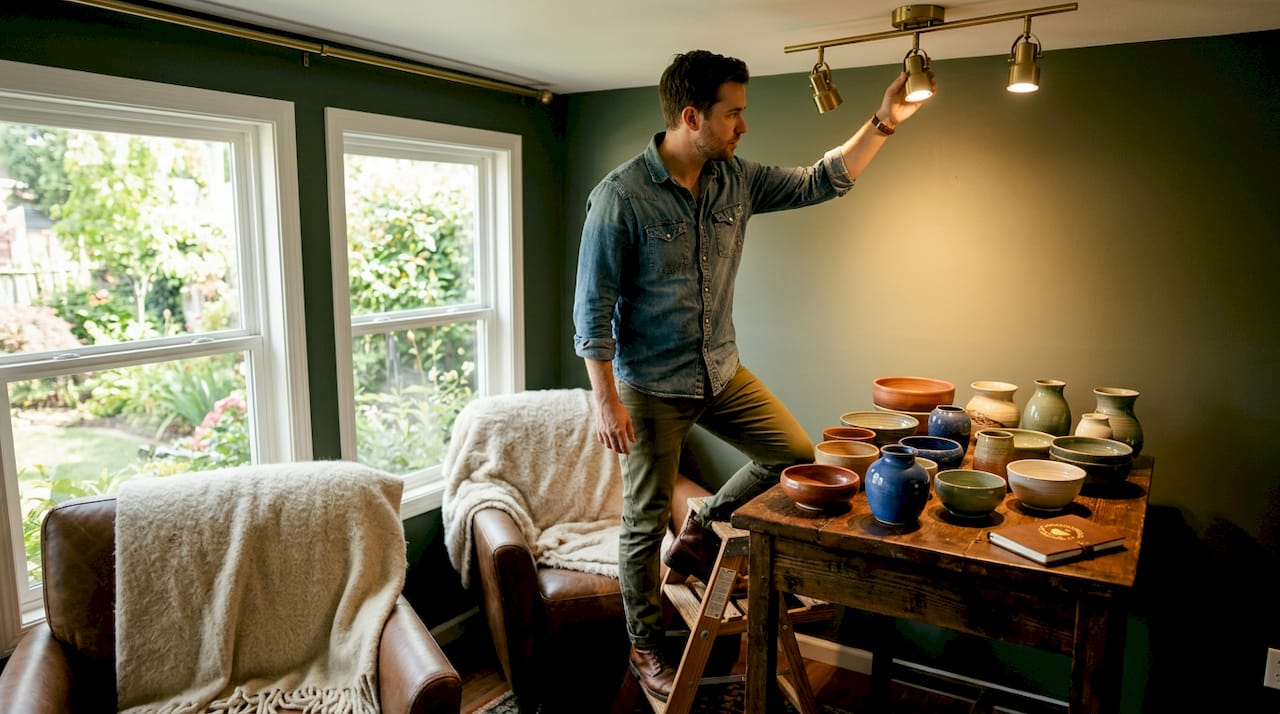 Man adjusting lighting on ceramic display