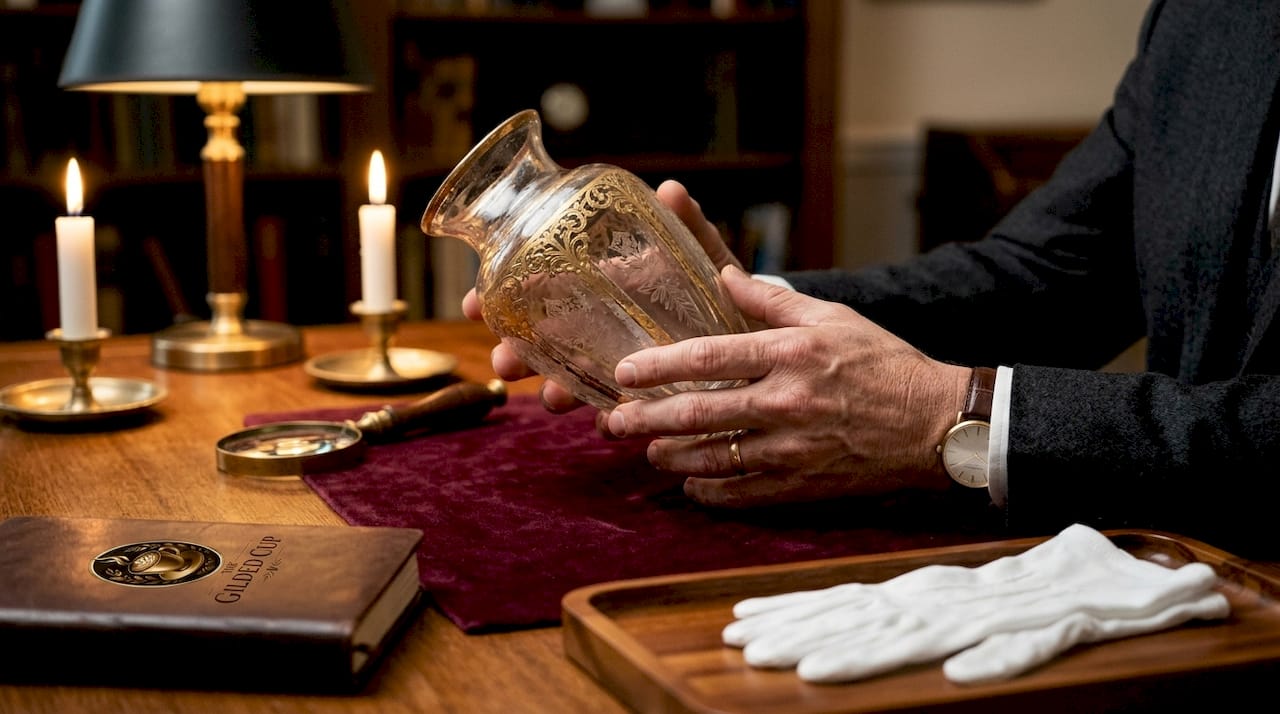 Appraiser examining antique glassware tool marks