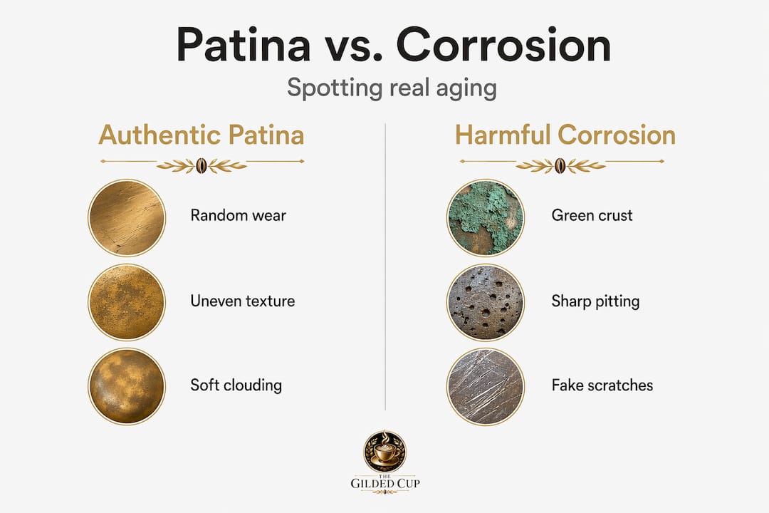 Side-by-side infographic comparing patina and corrosion
