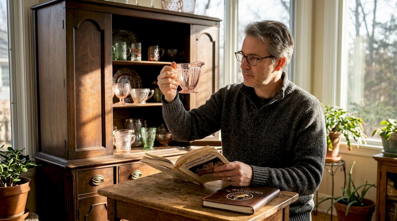 Collector examining Depression glass on shelf