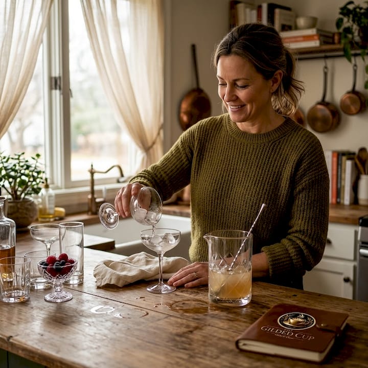 Home bartender prepping chilled stemmed glass