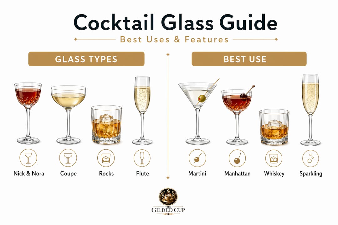 Infographic comparing types and uses of cocktail glasses
