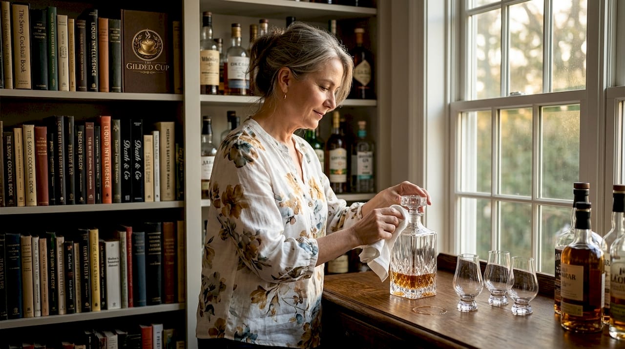 Woman prepares spirit decanter at home bar