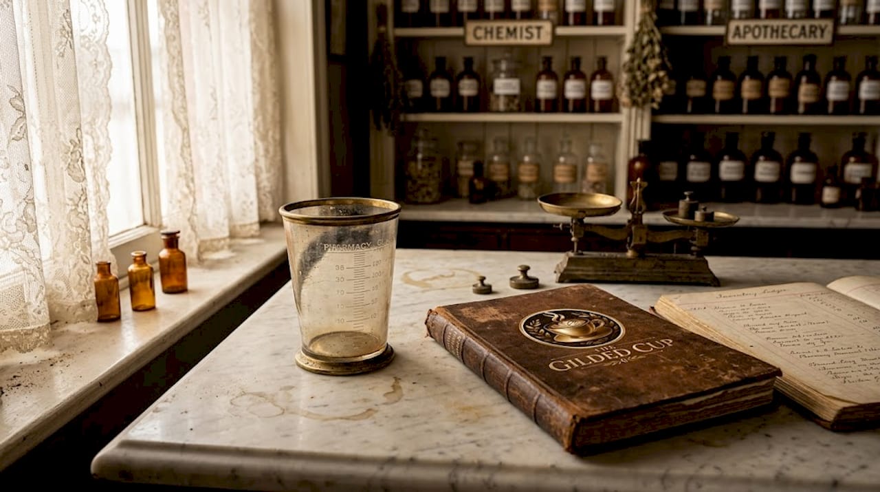 Antique pharmacy glassware with ledger and scale
