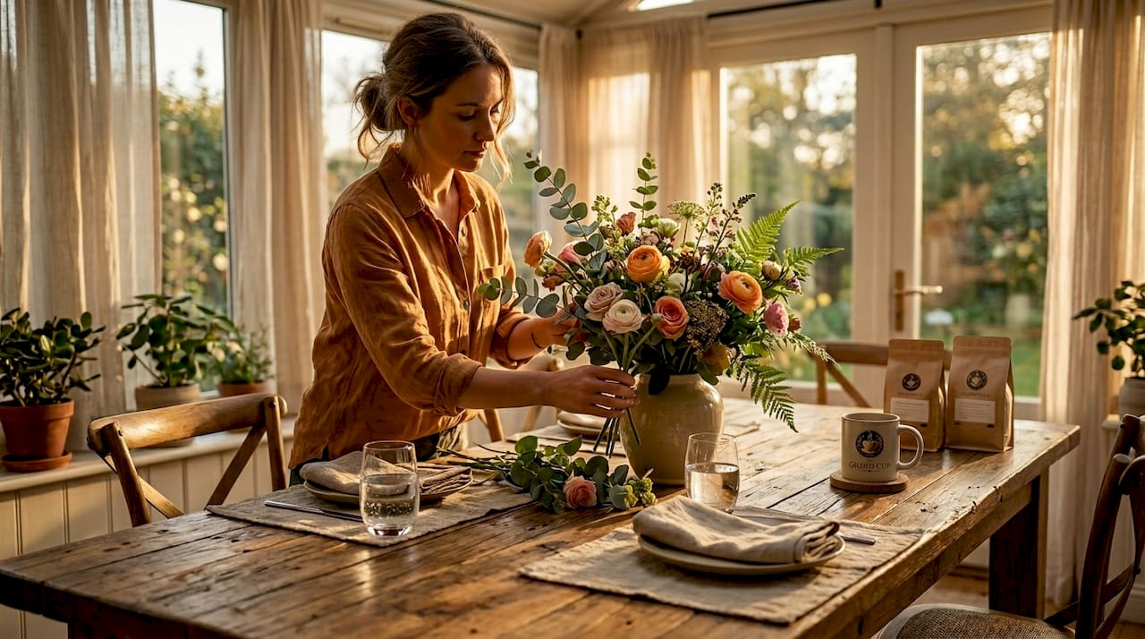 Person adjusting centerpiece on luxury table