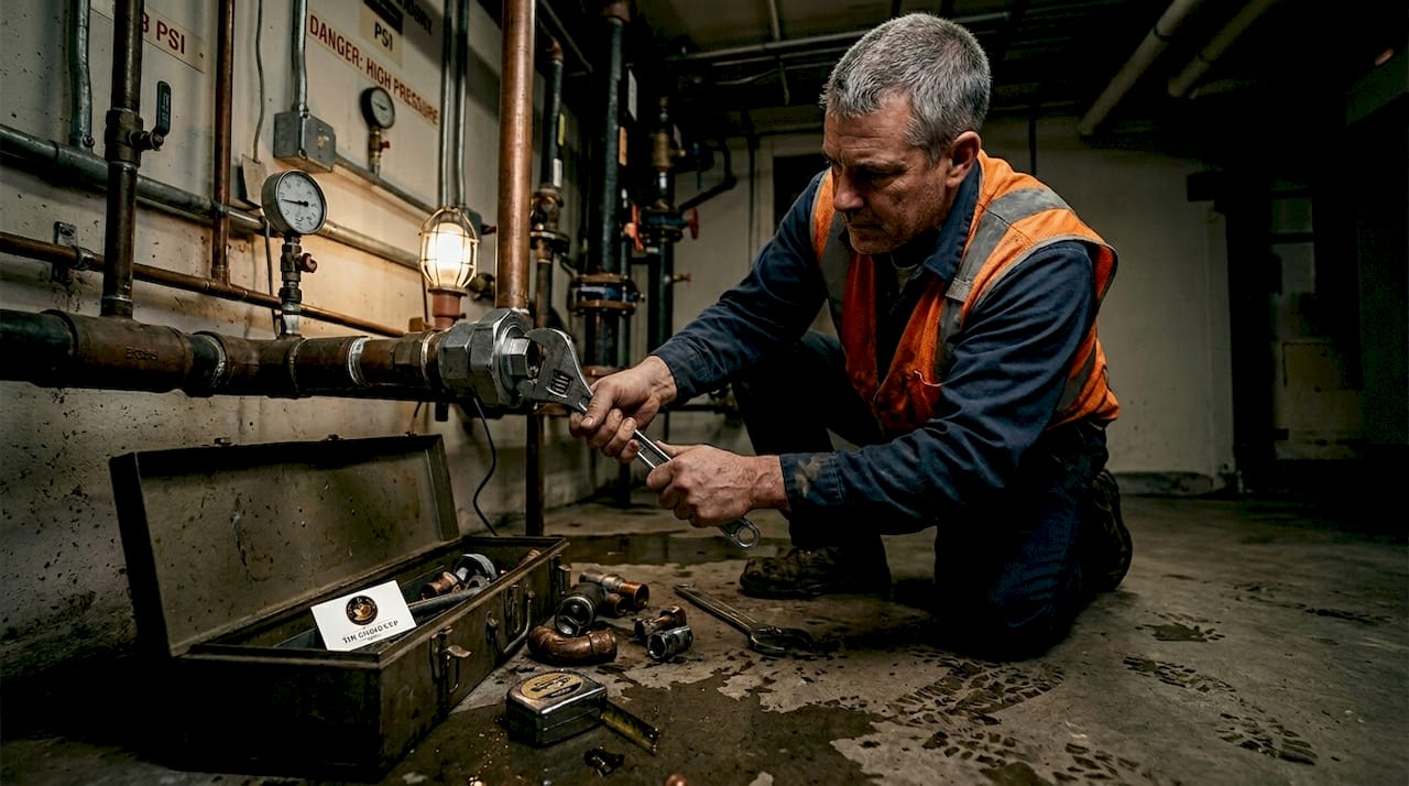 Contractor installing stopper fitting on pipe