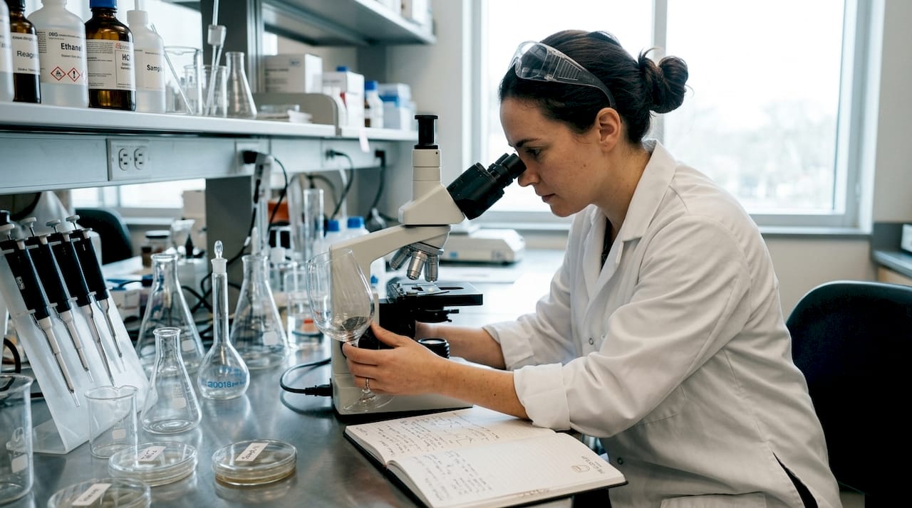Technician analyzing glassware in laboratory setting