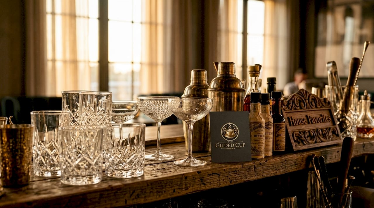 Close-up of textured beaded glassware on bar shelf