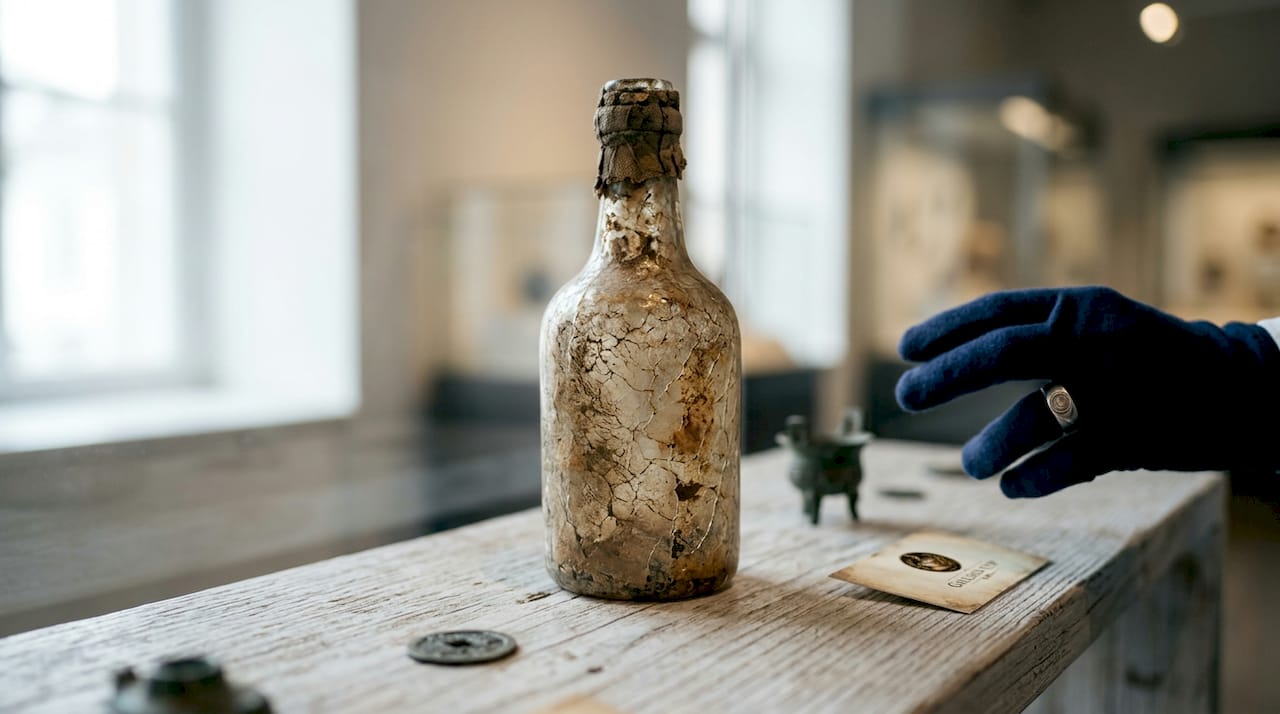 Ancient sealed Chinese beer bottle displayed in museum