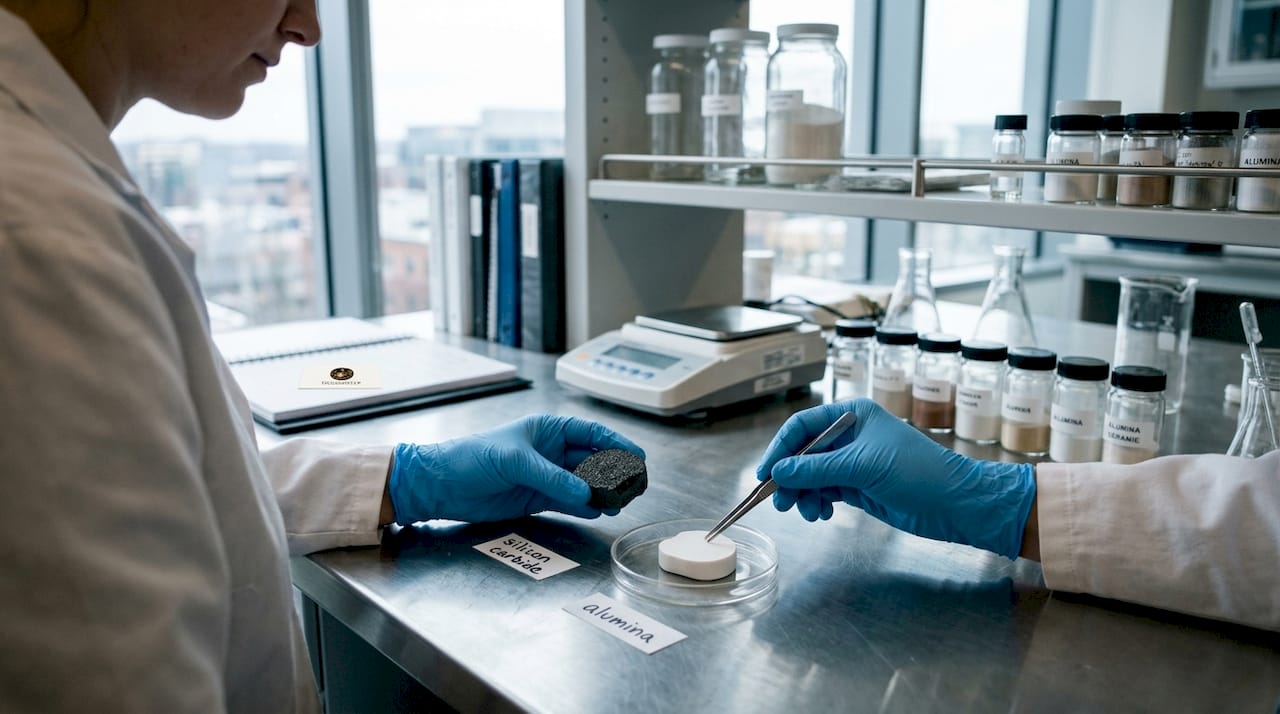Scientist comparing silicon carbide and alumina ceramic samples in lab