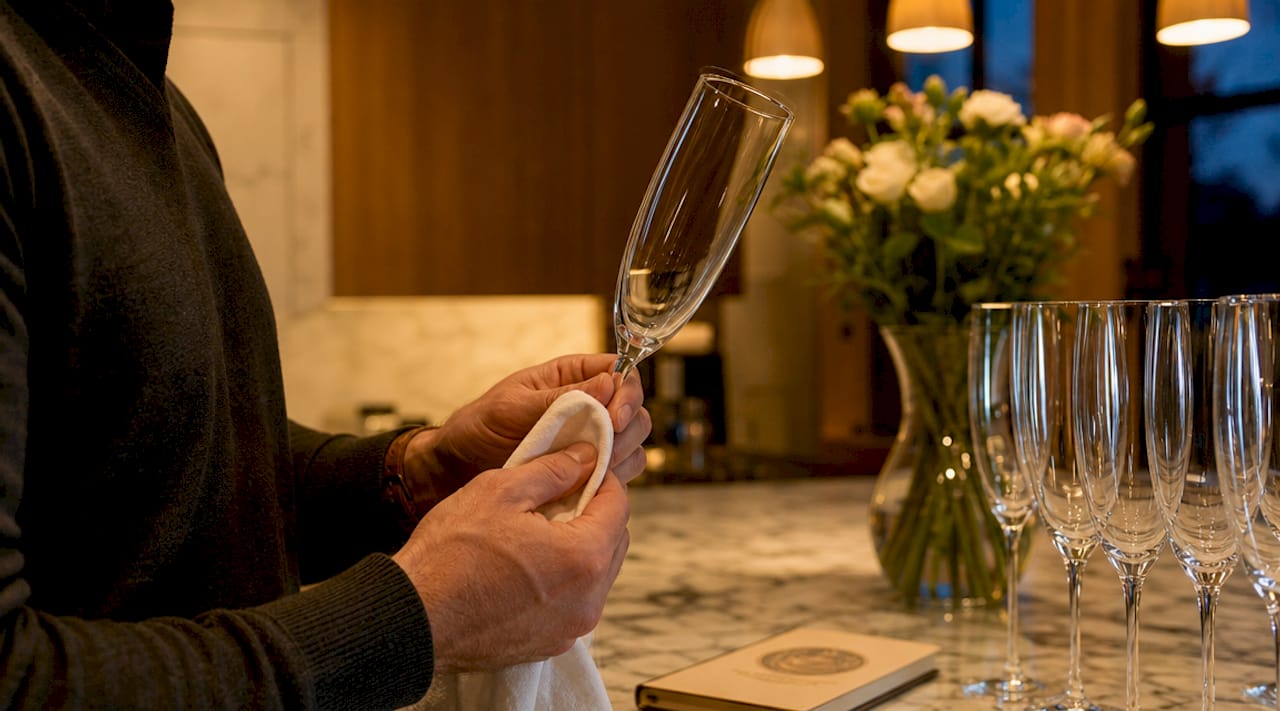 Close-up of hands drying crystal stemware