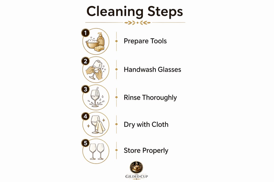 Infographic illustrating luxury glassware cleaning steps
