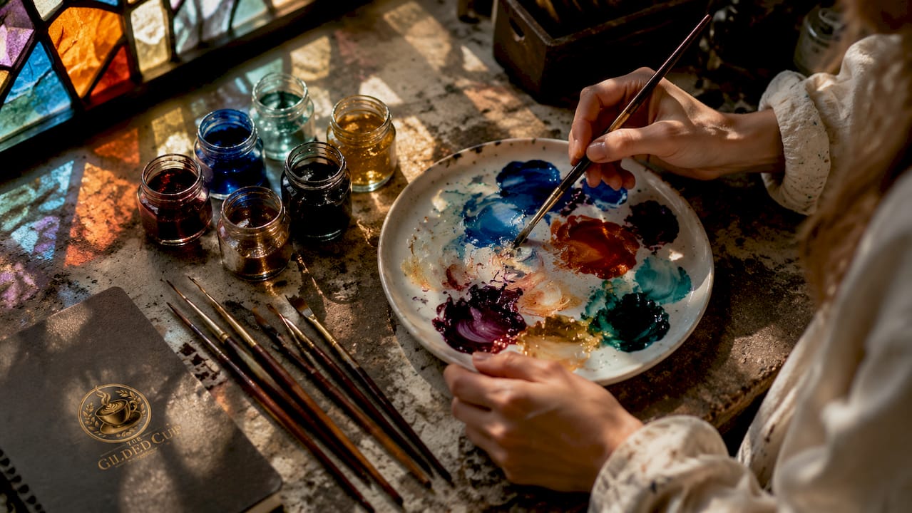 Close-up of hands mixing glass paints and brushes